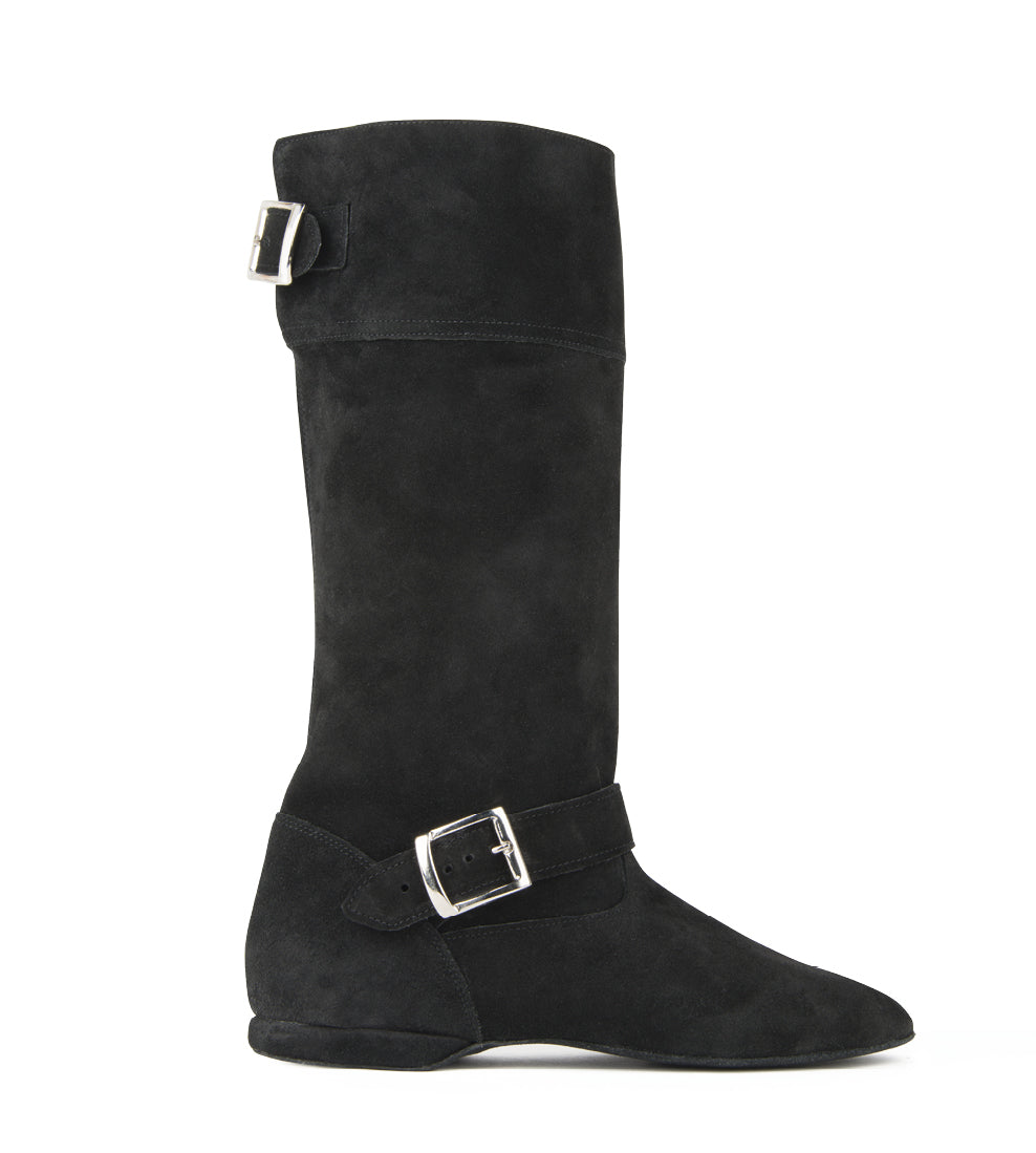 Rumpf 8830 Schwarz Veloursleder Tanzstiefel mit zwei silbernen Schnallen, ideal für West Coast Swing.